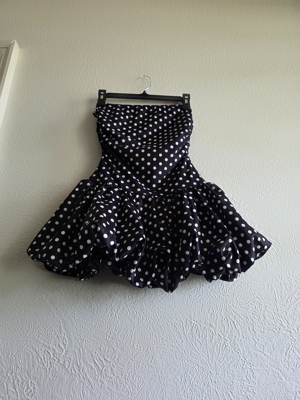 Amazon Black and White Polka Dot Strapless Ruffled Mini Dress